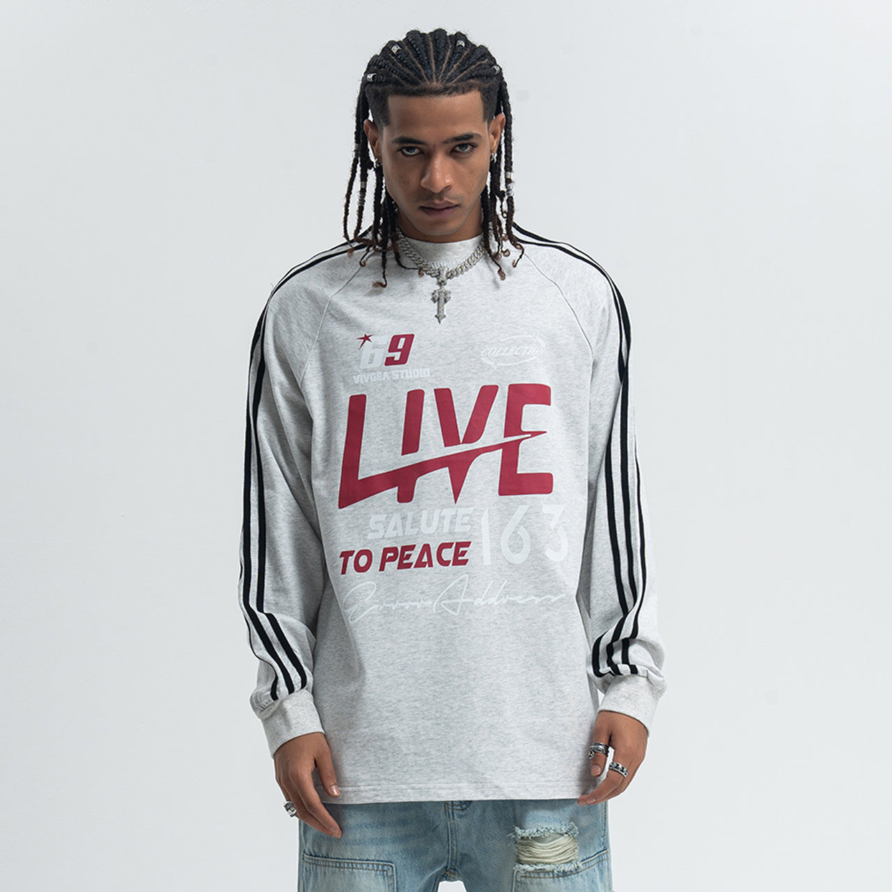 Peace slogan jumper long sleeve anti war top striped grunge t-shirt in white