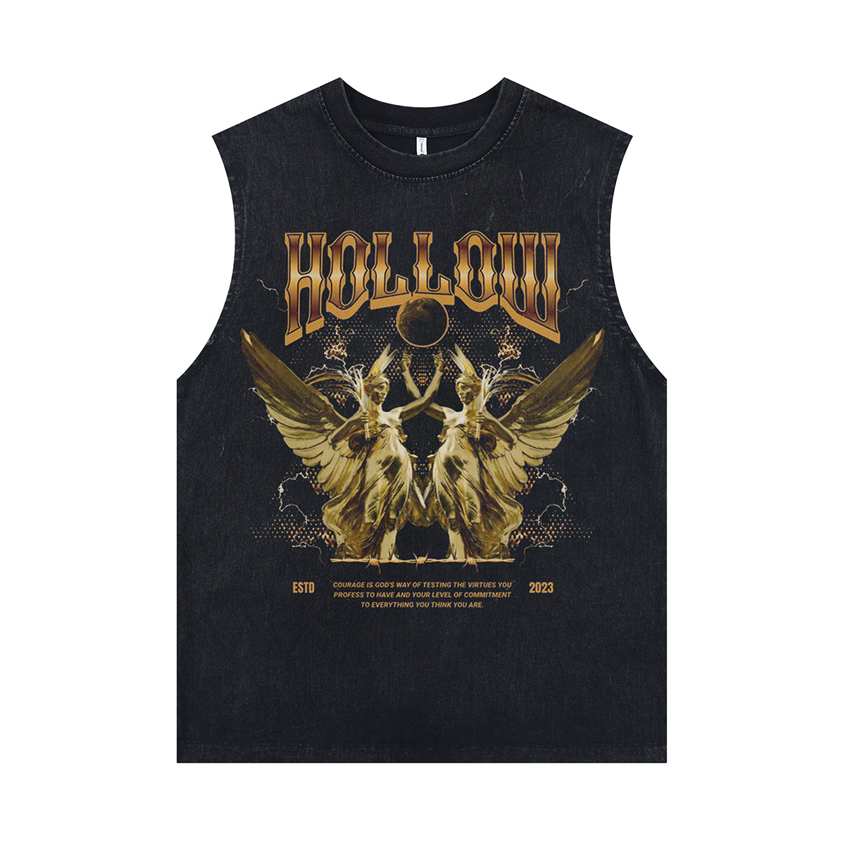 Ancient cartoon sleeveless t-shirt Greek surfer vest hollow slogan tank top in acid wash black