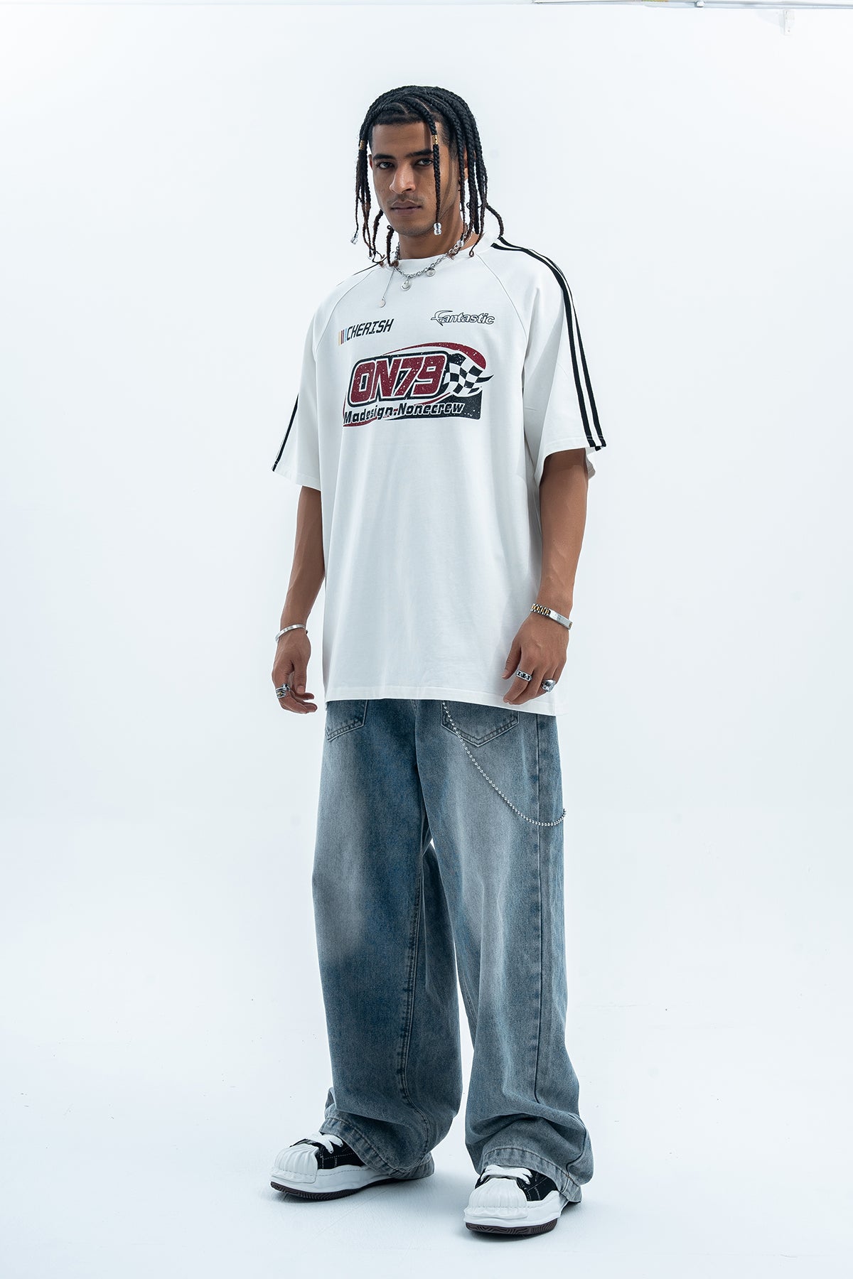 Racing t-shirt motorsports tee y2k sports top striped jumper in black