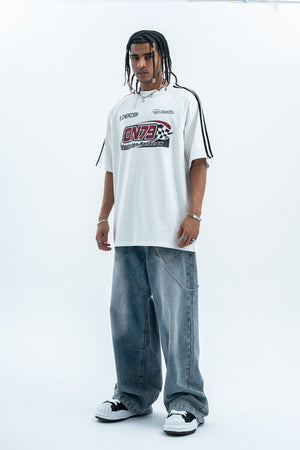 Racing t-shirt motorsports tee y2k sports top striped jumper in black