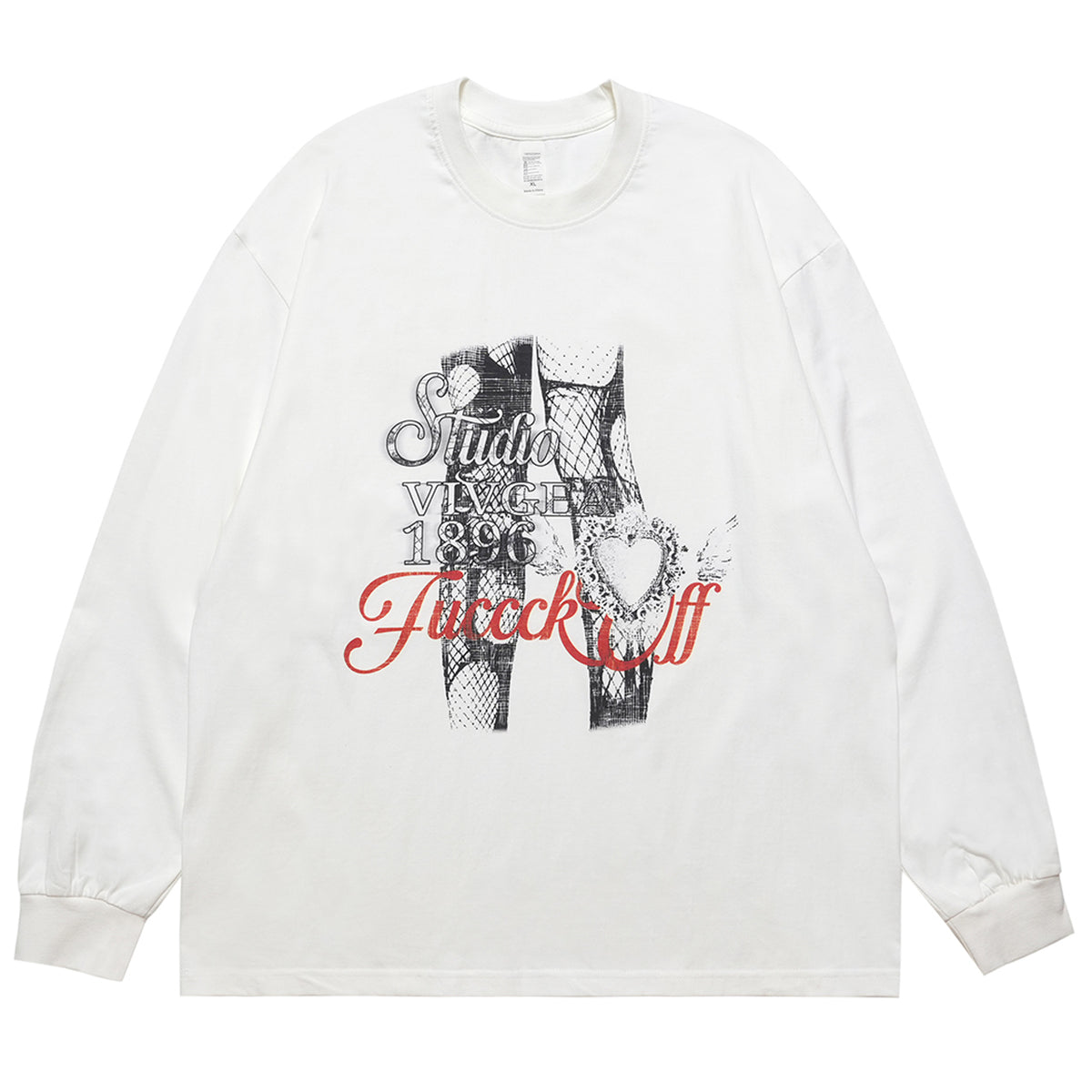 Fuck off slogan jumper pinup girl print top long sleeve retro grunge t-shirt in white