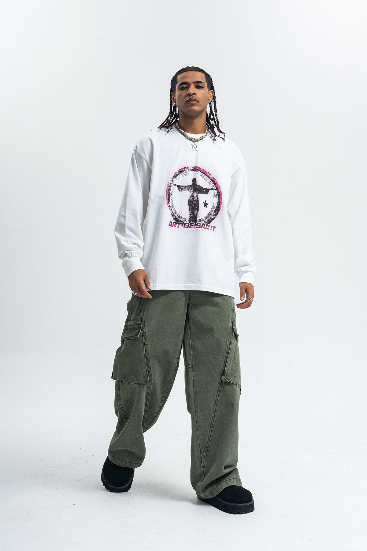 Saint print long sleeve top neon graffiti jumper grunge religion t-shirt in white