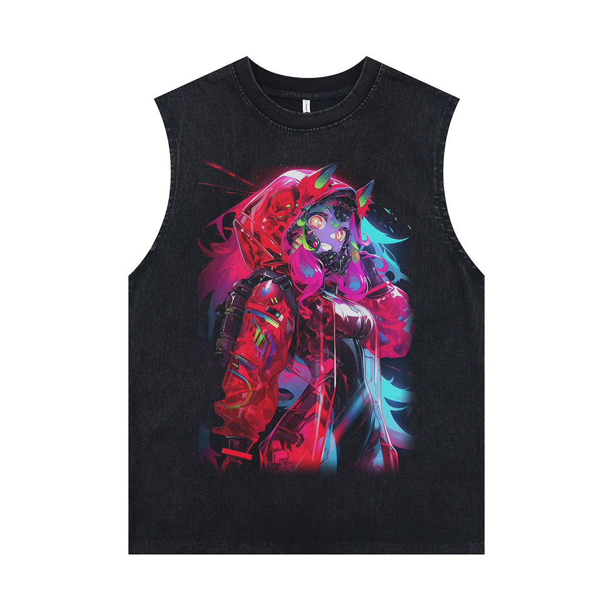 Psychedelic cartoon sleeveless t-shirt Japanese girl poster surfer vest 00s anime tank top in acid wash black