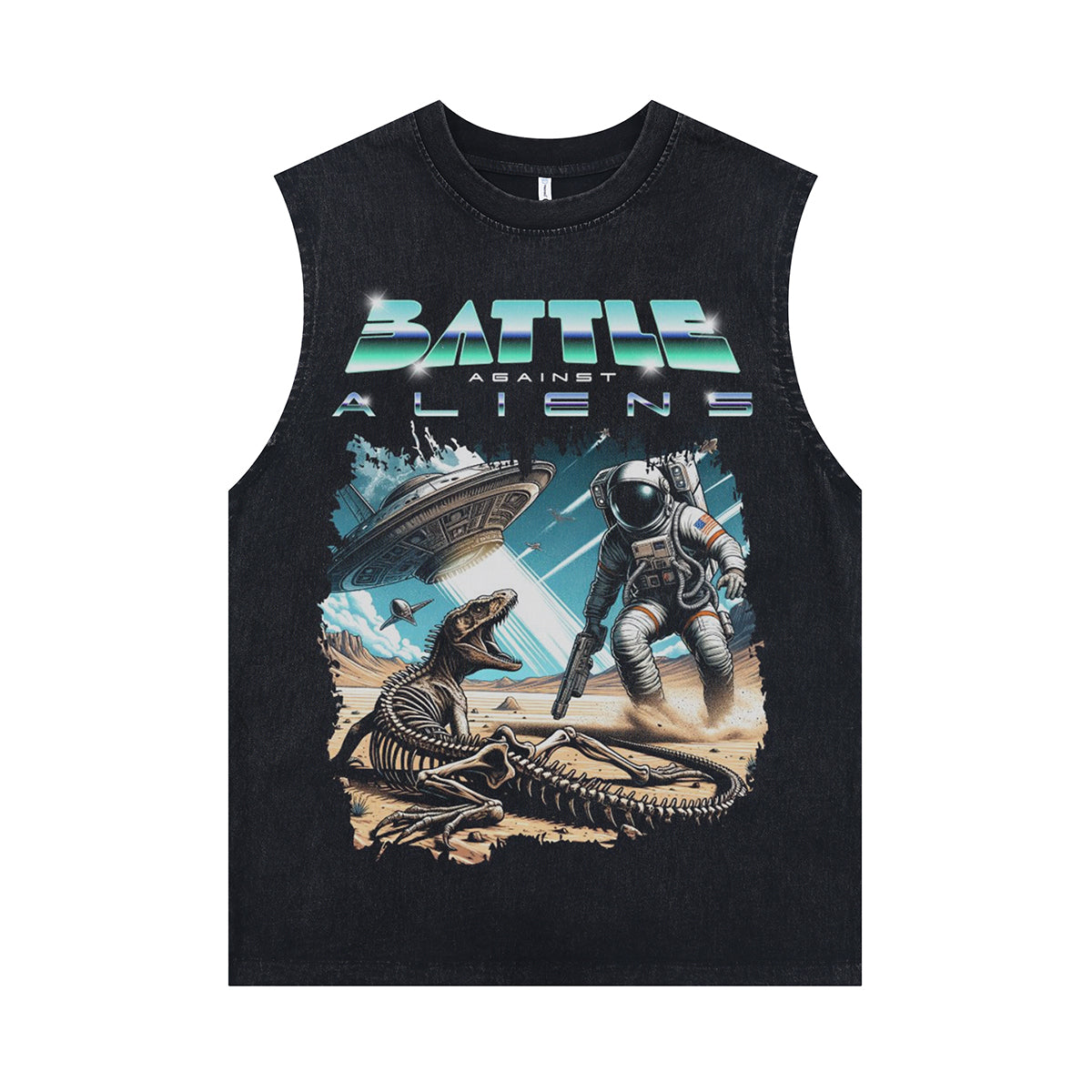 Alien monster sleeveless t-shirt creepy cartoon vest 00s retro spaceman tank top in acid wash black