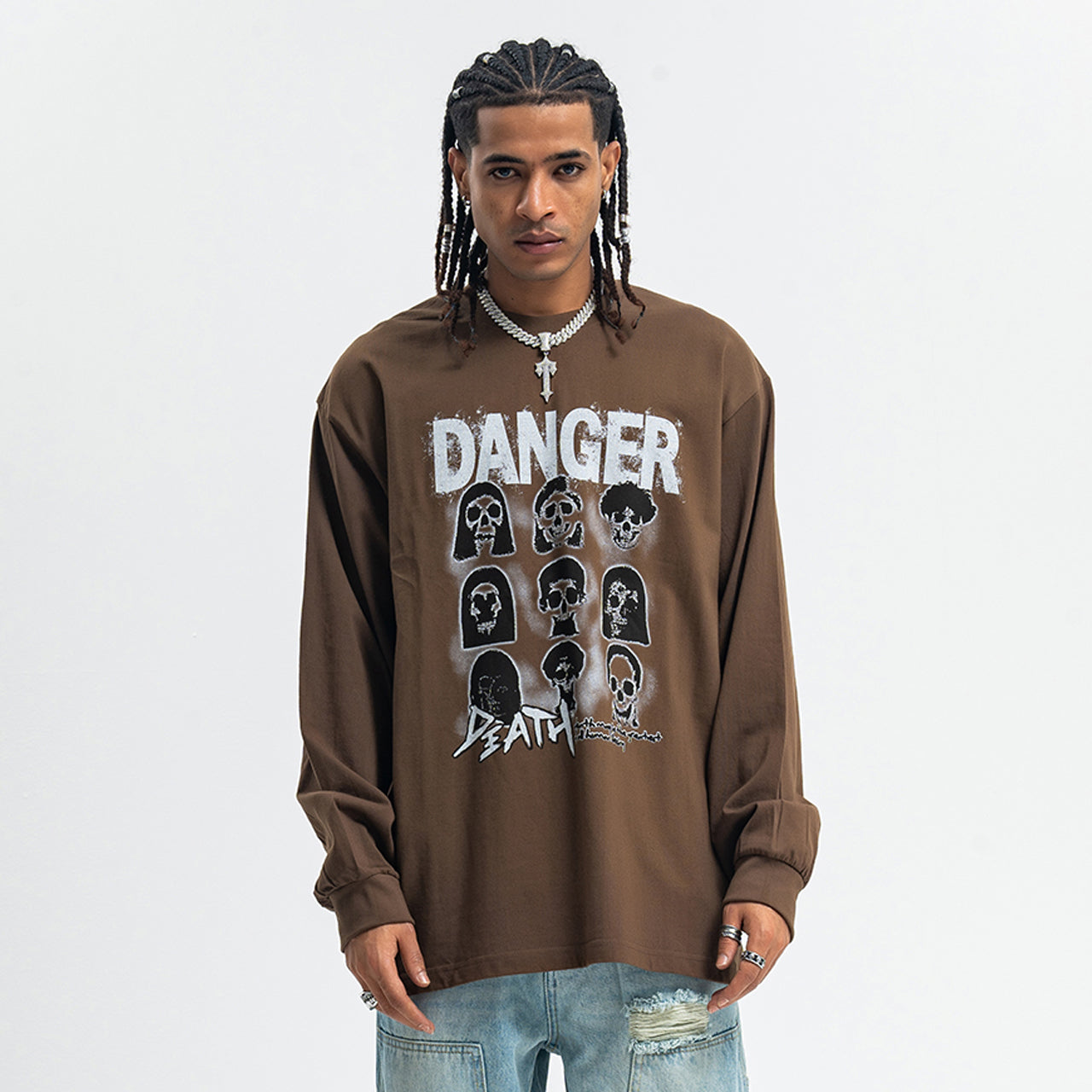 Danger slogan jumper skull print top 90s gothic poster long sleeve t-shirt in brown