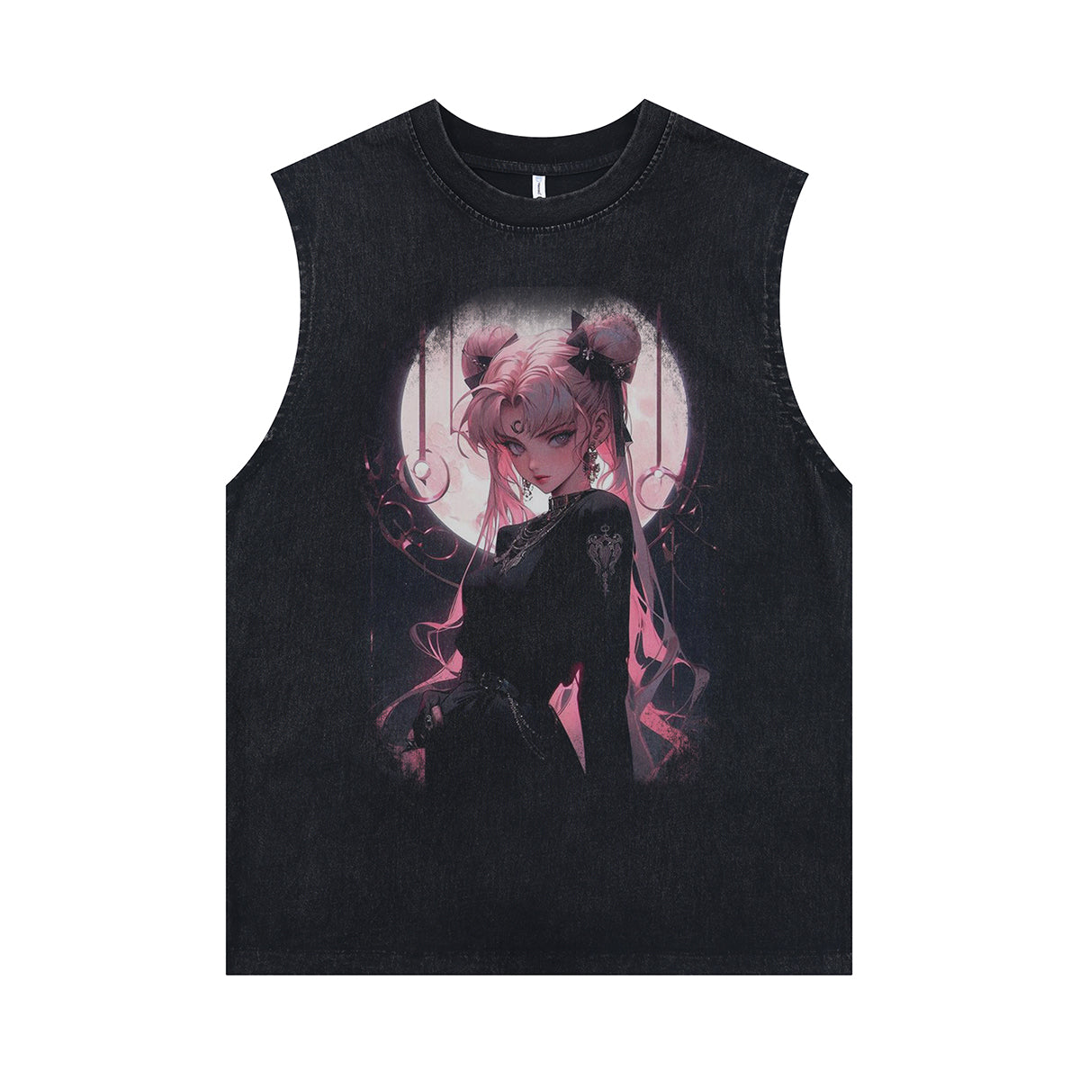 Anime girl sleeveless t-shirt vintage cartoon vest retro manga anime tank top in acid wash black