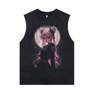 Anime girl sleeveless t-shirt vintage cartoon vest retro manga anime tank top in acid wash black