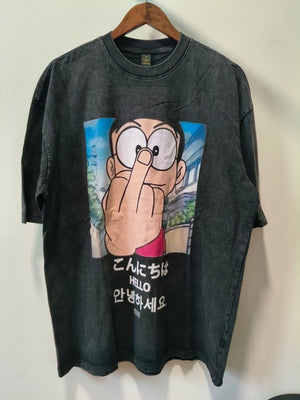 Middle finger t-shirt anime tee boy print top in vintage grey