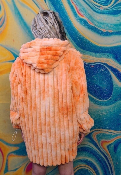 Tie-dye fleece coat handmade 2in1 hood trench jacket orange