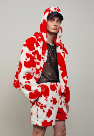 Short cow print coat red cropped animal print trench jacket