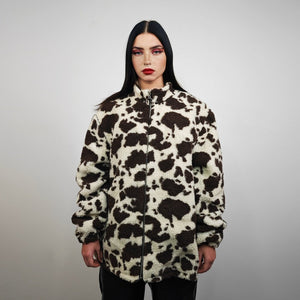 Fleece track jacket cow bomber detachable hood animal print tracksuit brown festival coat furry overcoat spot pattern pullover Dalmatian top