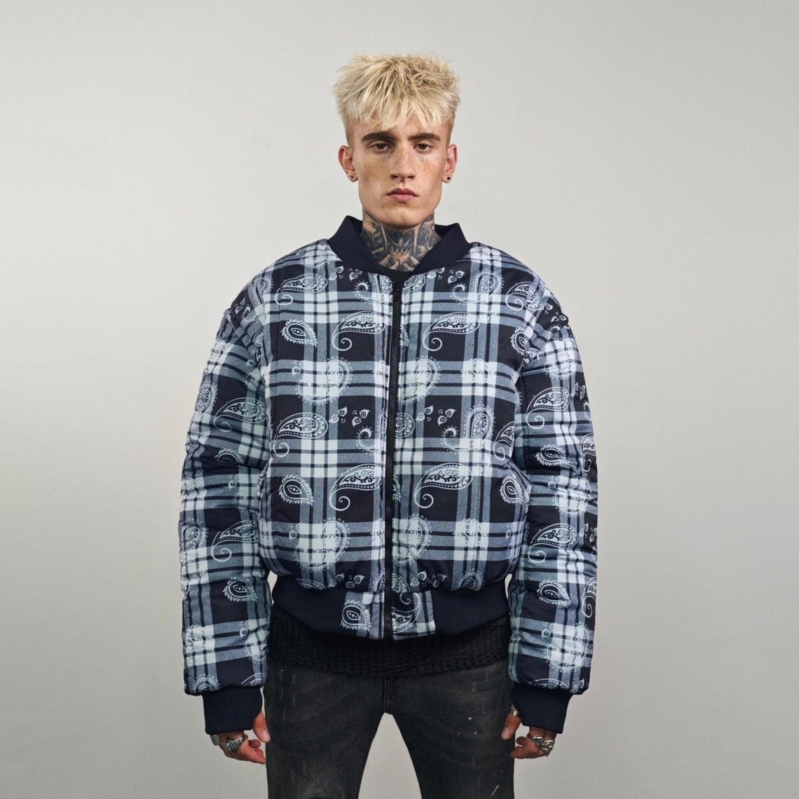 Paisley print bomber black white check jacket plaid reversible bandanna pattern college varsity detachable sleeves handmade tartan coat