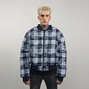 Paisley print bomber black white check jacket plaid reversible bandanna pattern college varsity detachable sleeves handmade tartan coat