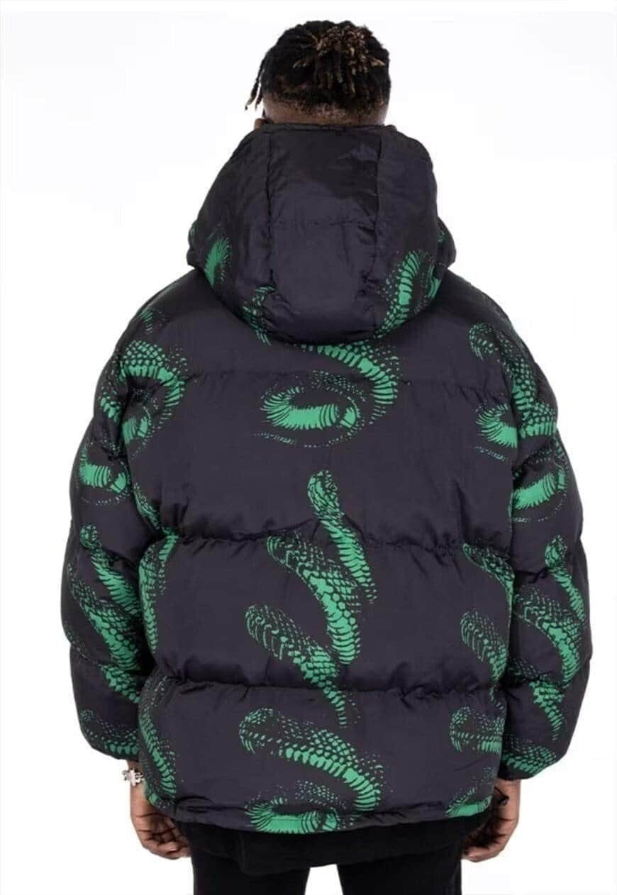 Cobra print bomber jacket Snake high neck puffer in black