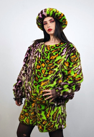 Leopard faux fur sweatshirt green animal print festival top