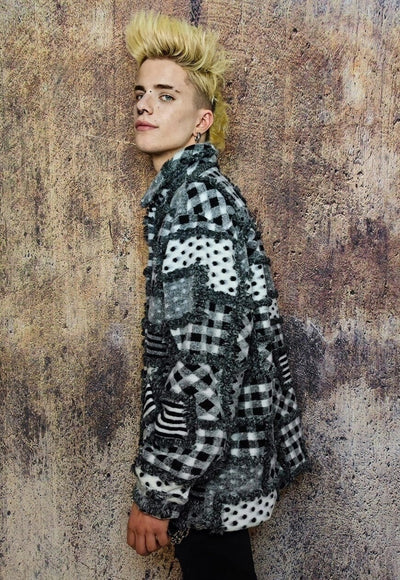 Patched woollen shirt jacket retro check bomber fluffy coat