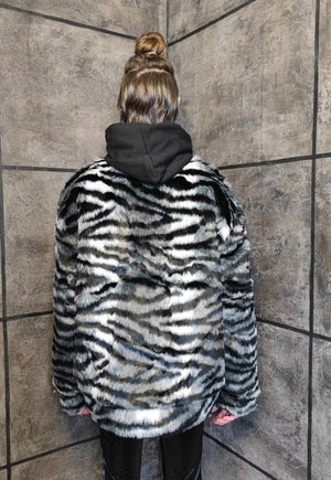 Zebra fleece jacket faux fur stripe fluffy bomber in black