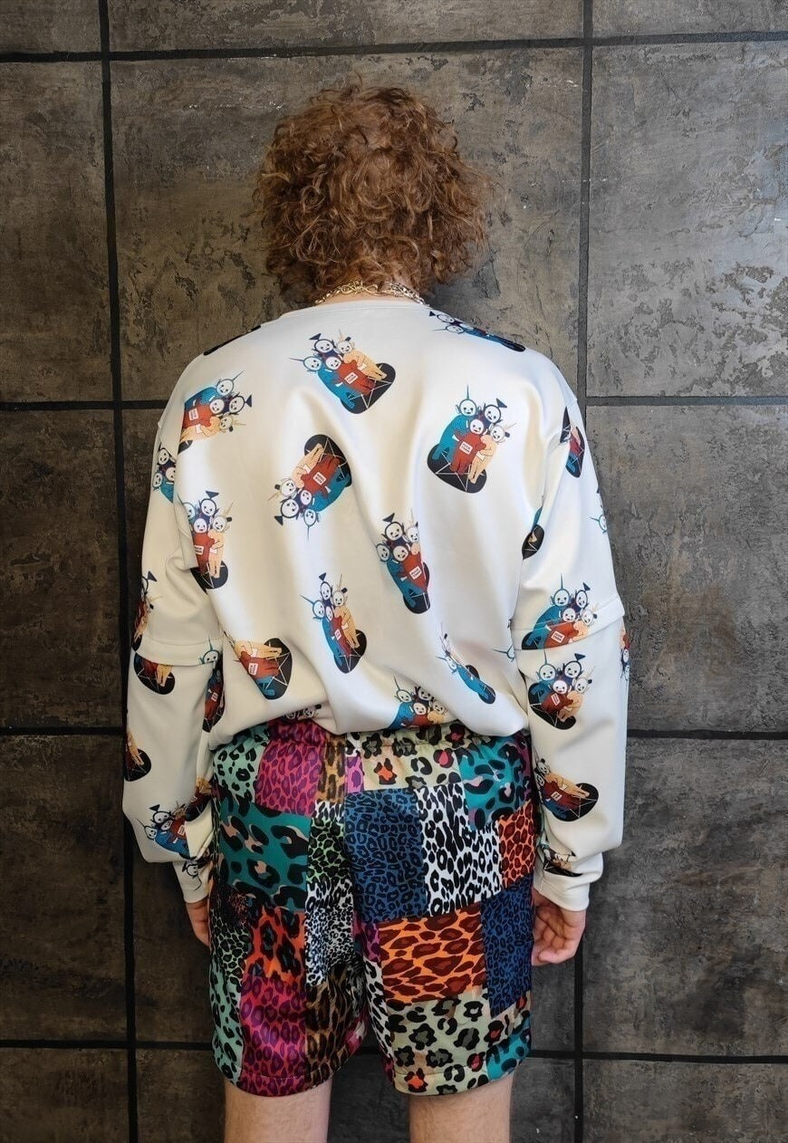 Leopard shorts handmade animal print overalls in blue brown