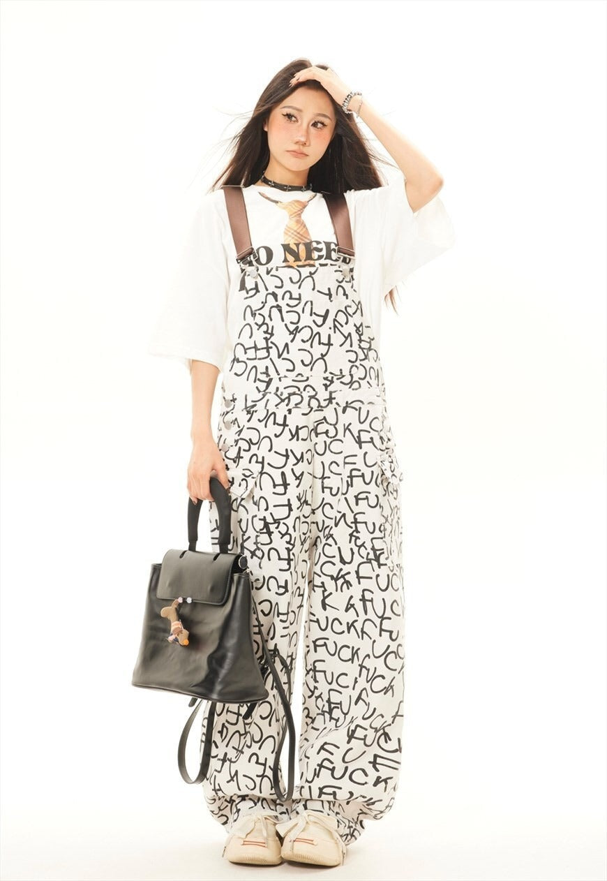 Punk dungarees graffiti print overalls jean playsuit white