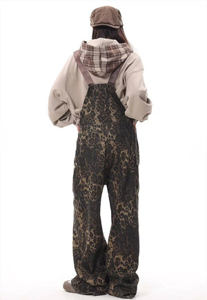 Leopard dungarees jean overalls animal print jumpsuit brown