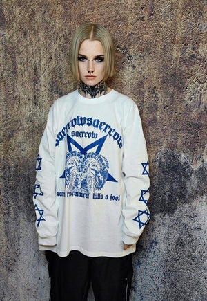 Pentagram t-shirt lamb print tee grunge Gothic top white