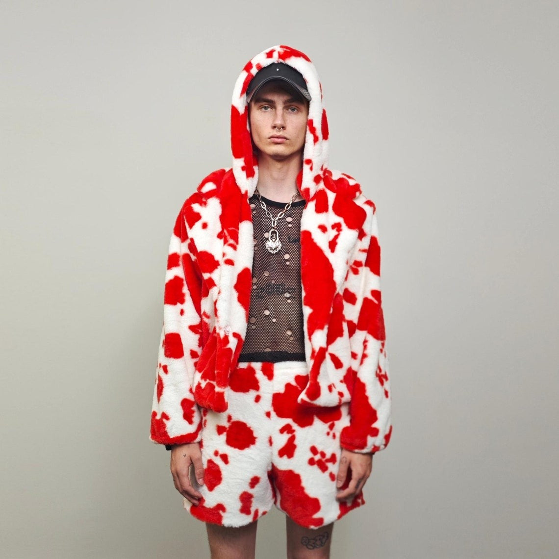 Cropped cow print coat red white fleece trench animal print jacket detachable sleeves handmade spot pattern party overcoat festival set