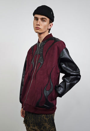 Flame patch jacket purple faux leather racing varsity bomber