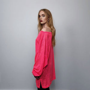 Deep V-neck sheer top revealing transparent sweatshirt cut out neck long sleeve see-through t-shirt rocker jumper edgy baggy tee in pink