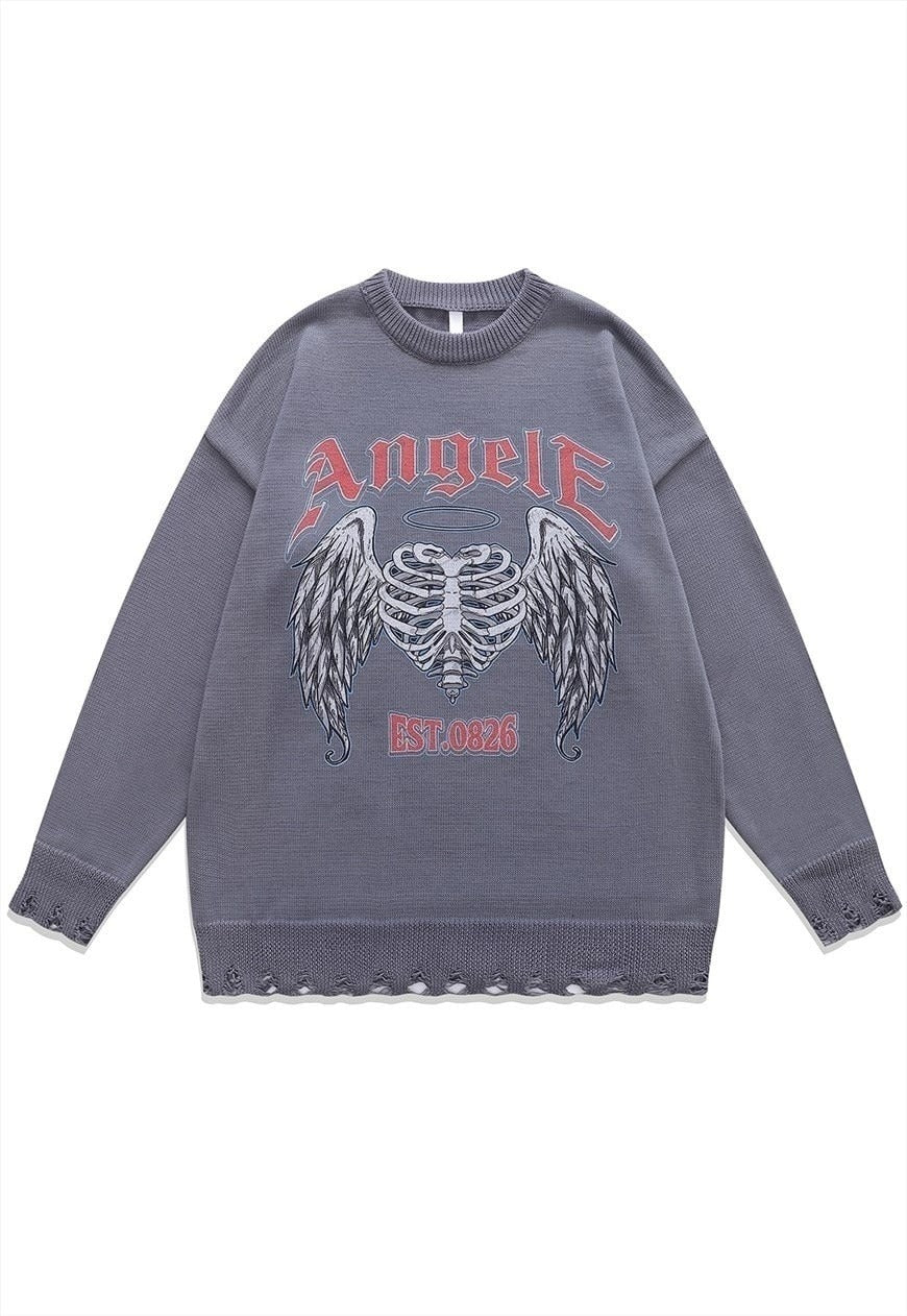 Angel wings sweater bones knit distressed scary jumper black