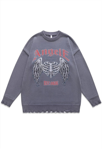 Angel wings sweater bones knit distressed scary jumper black