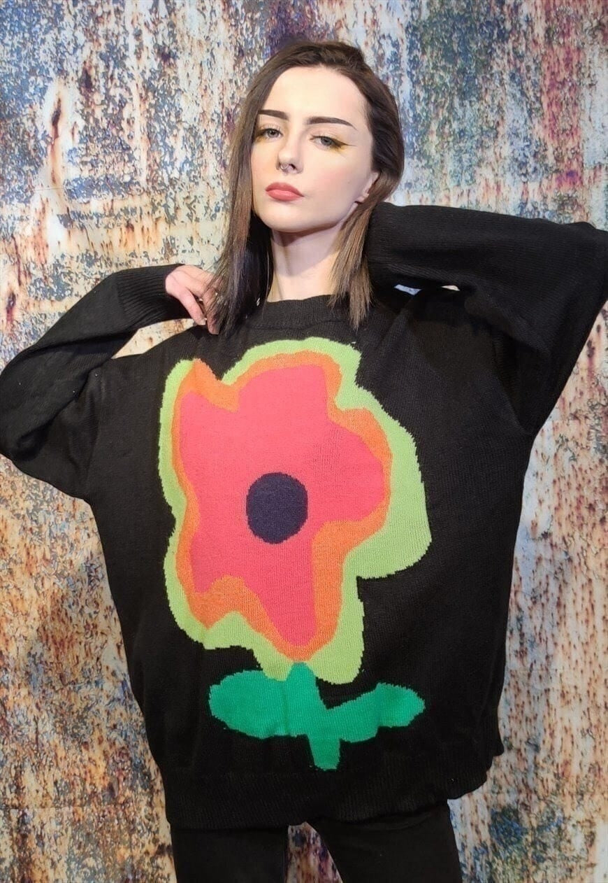 Daisy knitwear sweater floral knitted top y2k jumper Black