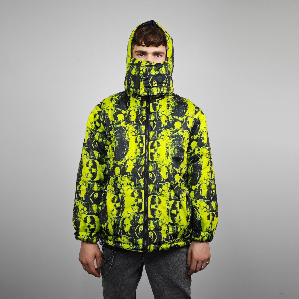 Horror fan jacket creepy print bomber green reversible punk college varsity detachable sleeves handmade gothic puffer hooded festival coat