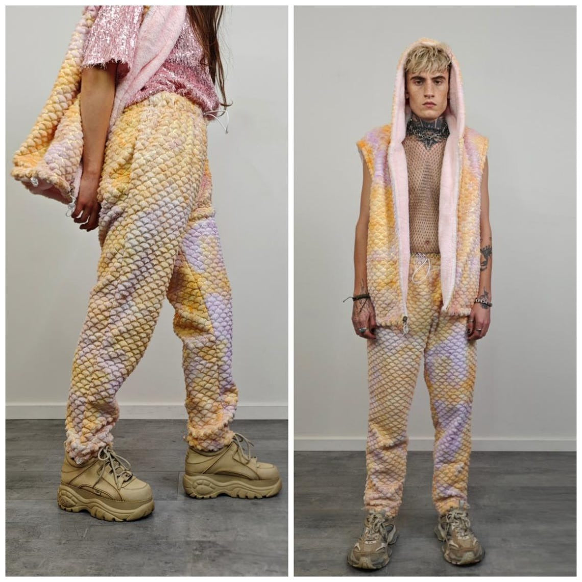 Tie-dye mermaid jacket orange reversible fleece hood faux fur bomber retro geometric coat burning man overcoat fluffy golden festival set