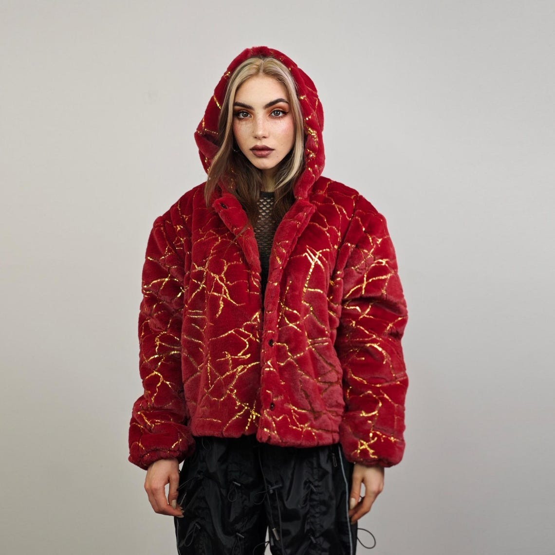 Collarless going out coat red gold glitter trench shiny embellished fleece jacket detachable sleeves handmade party overcoat festival set