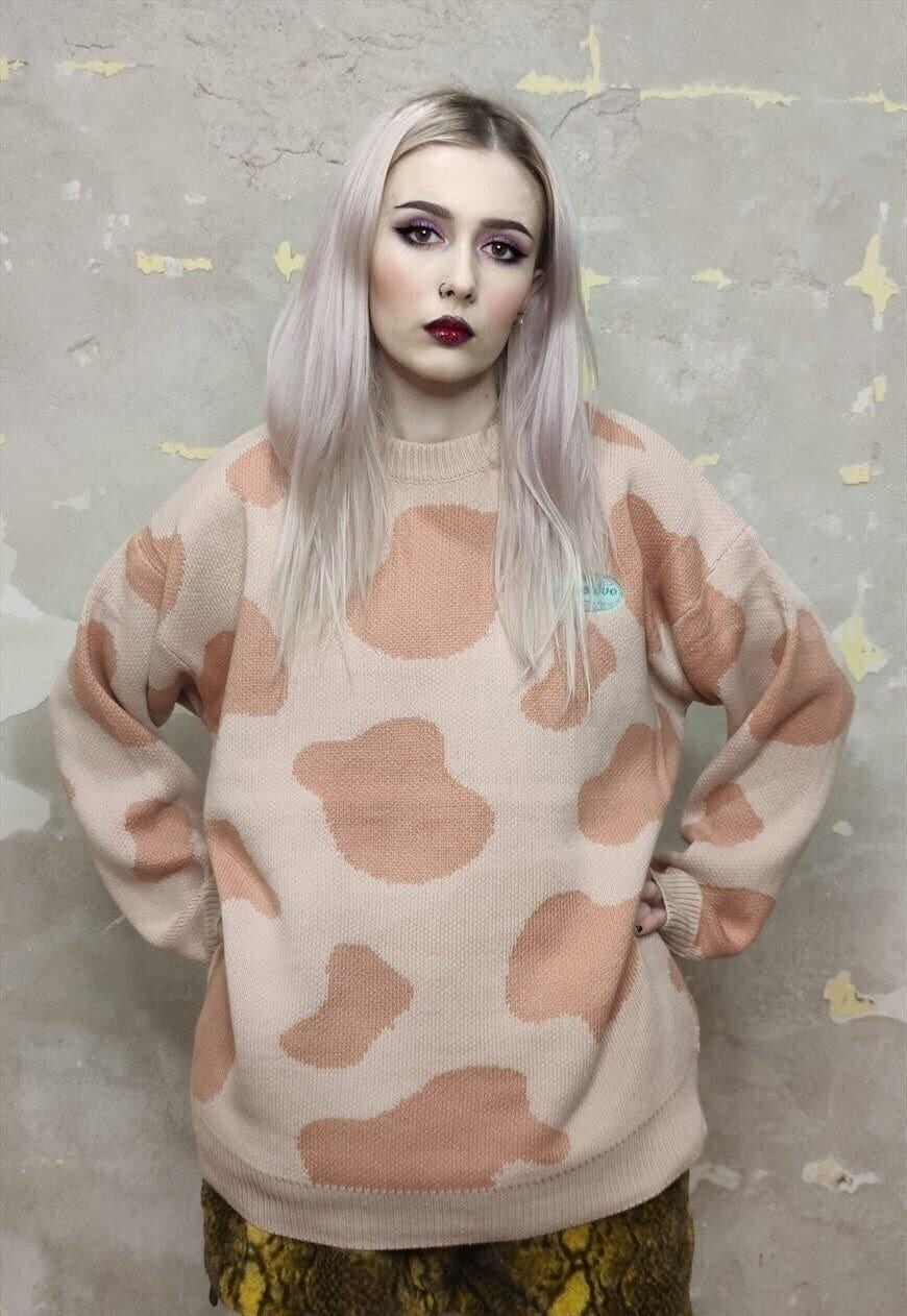 Cow sweater animal print top dot pattern jumper pastel pink