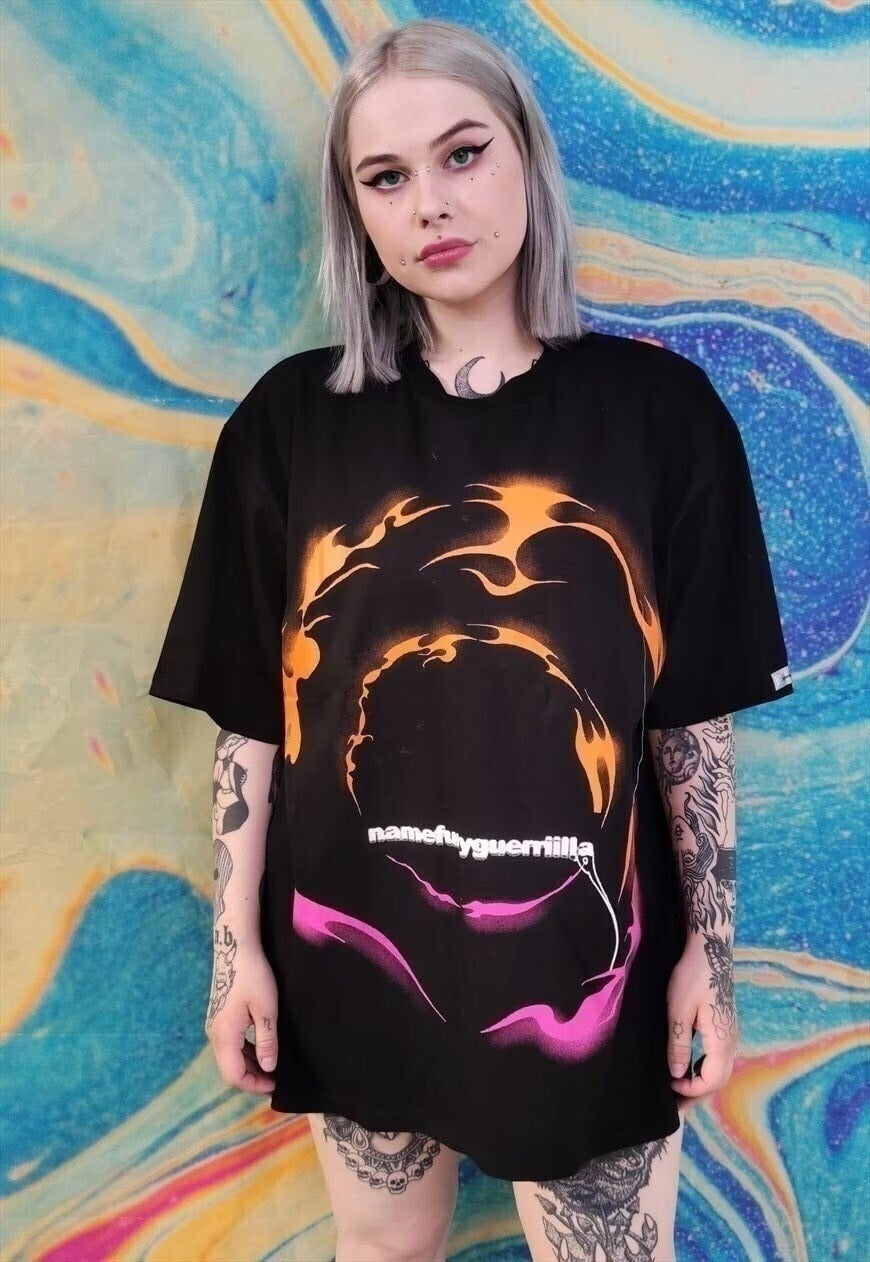 Flame print t-shirt rainbow fire dress lighting tee in black