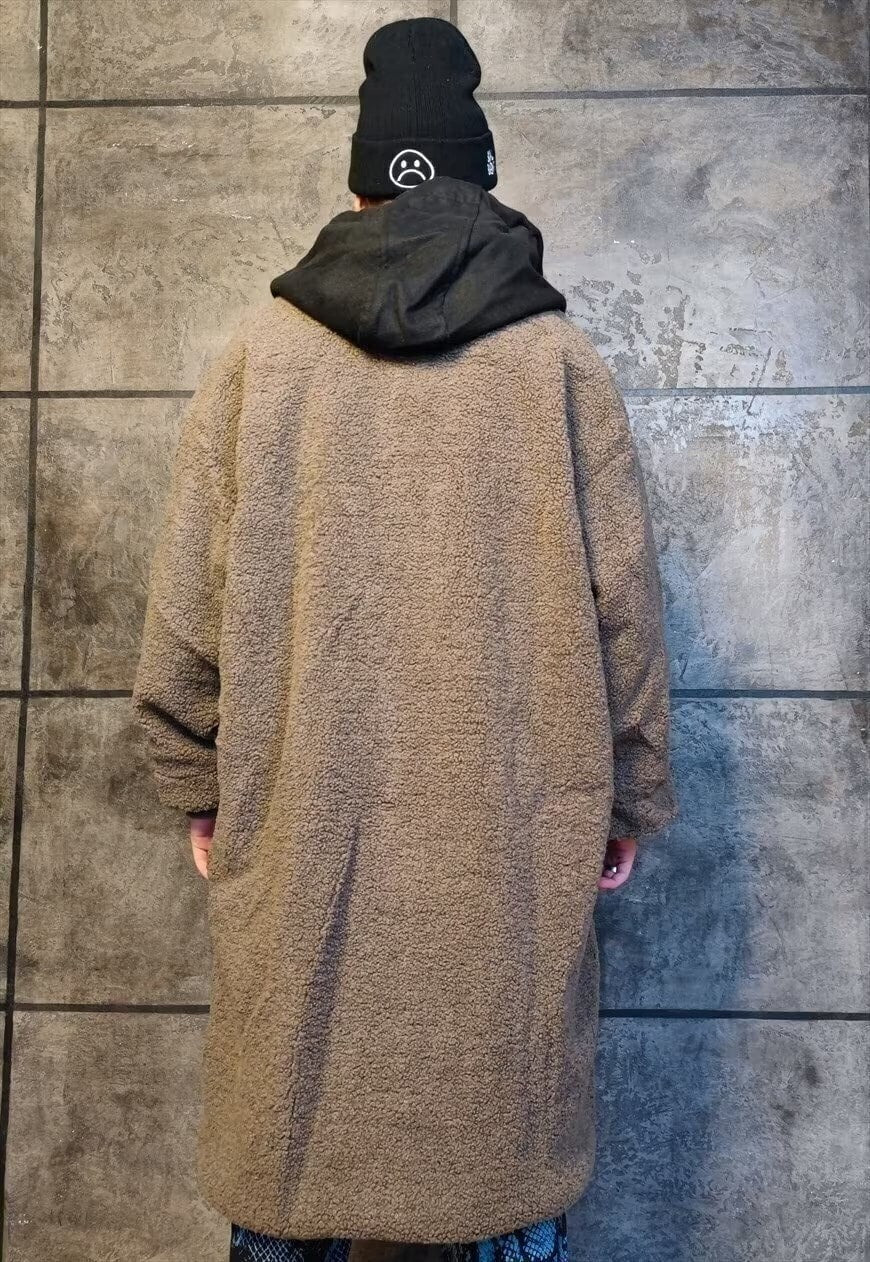 Double layer fleece jacket retro hooded bomber black brown