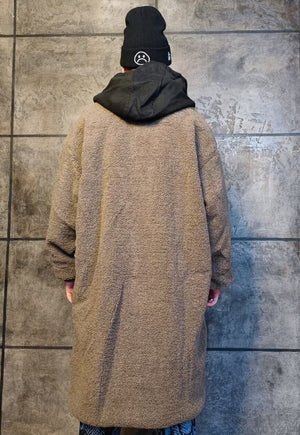 Double layer fleece jacket retro hooded bomber black brown