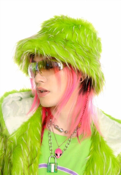 Festival faux fur bucket hat fluffy neon hat rave cap green