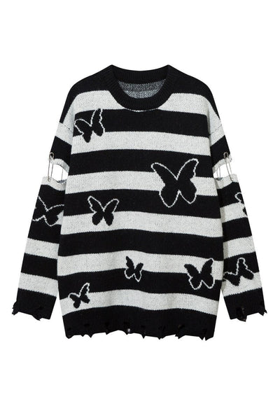 Striped sweater butterfly print jumper cutout elbow punk top