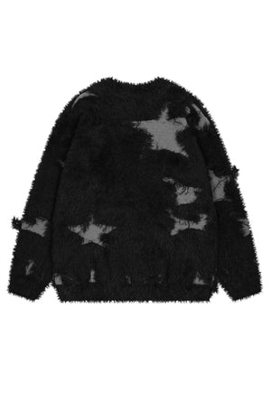 Distressed fluffy sweater black star patch jumper fuzzy top