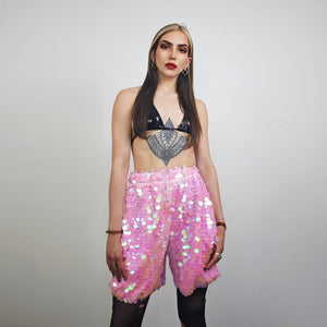 Black sequin shorts mermaid trousers fantasy pants holographic skirt luminous festival bottoms rave joggers fairy going out overalls