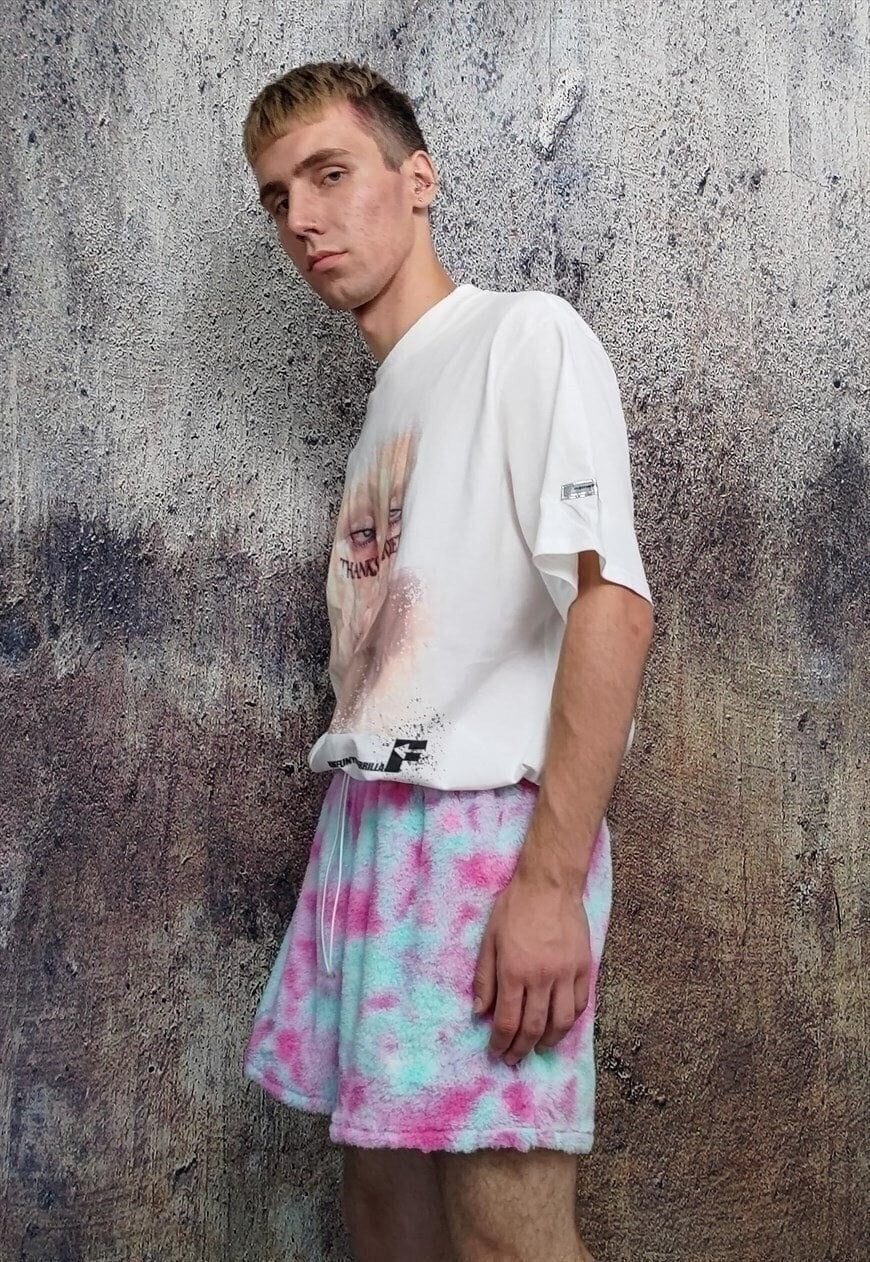 Tie-dye fleece shorts handmade gradient overalls in pink