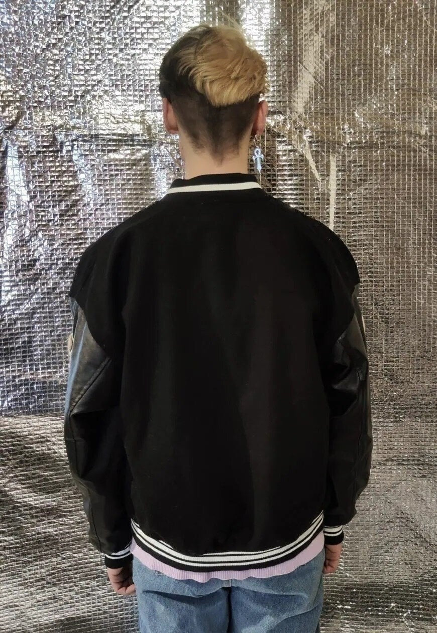 USA varsity jacket PU leather sleeve MA bones bomber black
