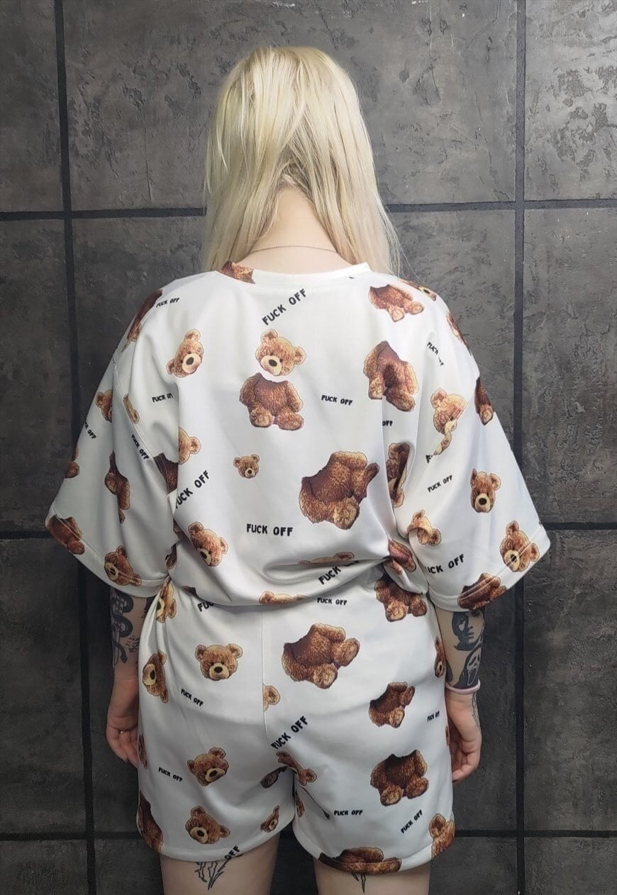 Teddy bear shorts handmade animal print overalls in cream