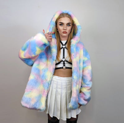 Hooded faux fur unicorn jacket rainbow bomber pastel raver coat fluffy tie-dye fleece festival puffer burning man barbie overcoat pink blue