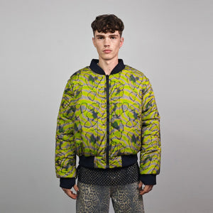 Psychedelic bomber animal print jacket green reversible tropical college varsity detachable sleeves handmade rave puffer festival neon coat