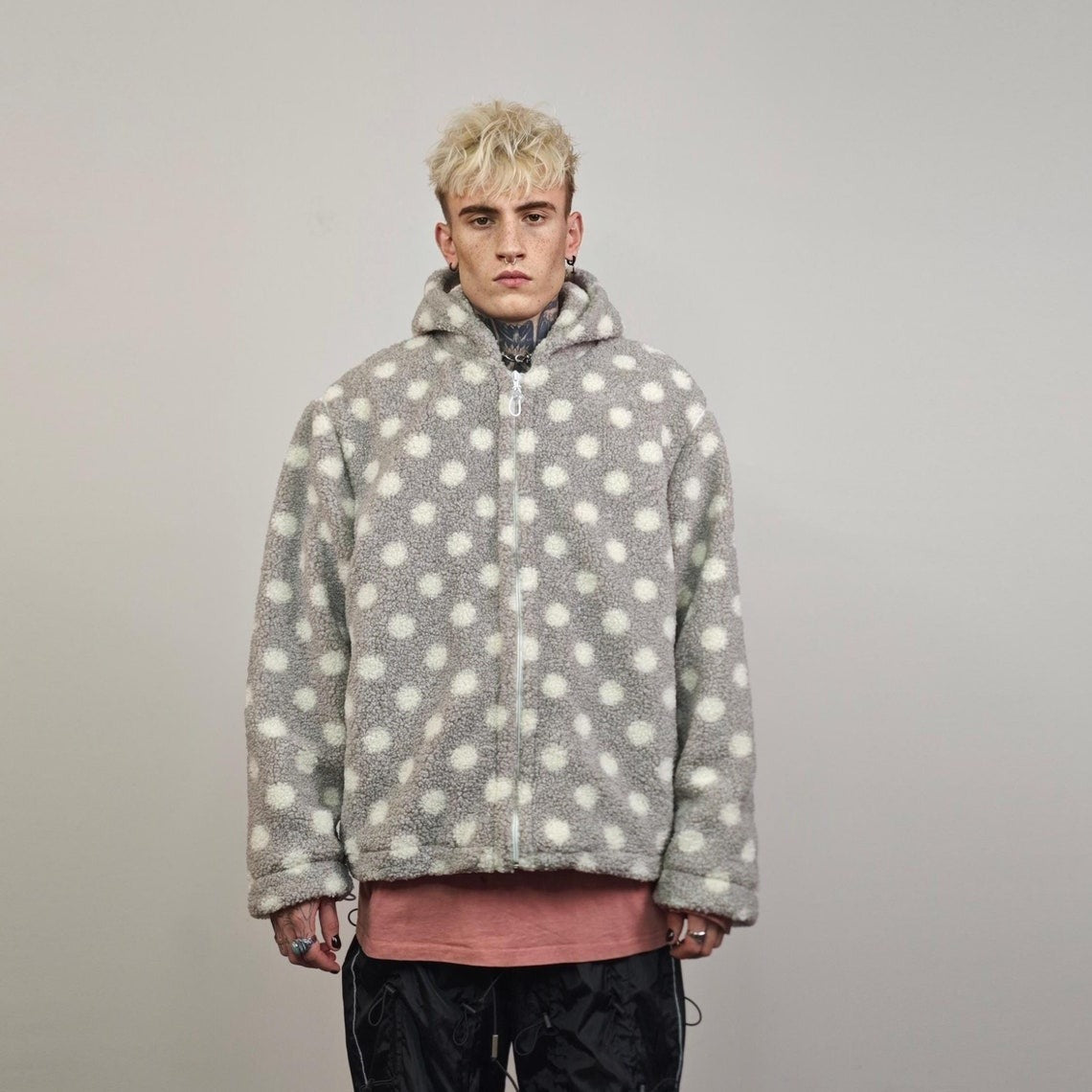 Spot pattern fleece jacket gray hooded polka dot bomber retro geometric coat detachable sleeves handmade preppy overcoat fluffy festival set