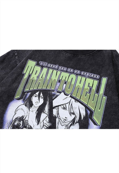 Anime print t-shirt train to hell tee retro Japanese top