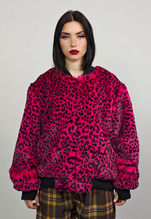 Short leopard jacket pink animal print fluffy college bomber